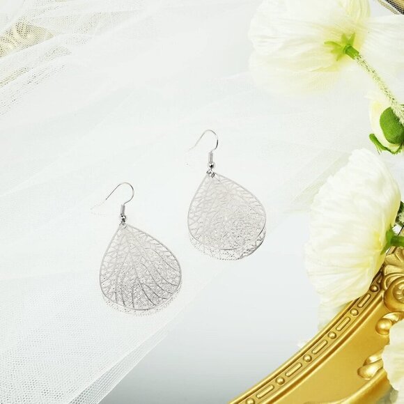 Silver Teardrop Hypoallergenic Exquisite Leaf  Earrings for Women - Picture 6 of 6